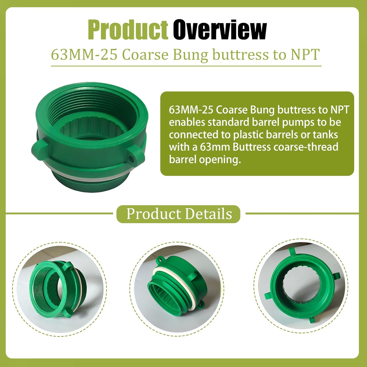 2 Pack 63mm Buttress Adapters for Drums,63MM-25 Coarse Bung buttress to NPT,Threaded collar Fit For drum pumps,hand pump with plastic Barrel or Tank