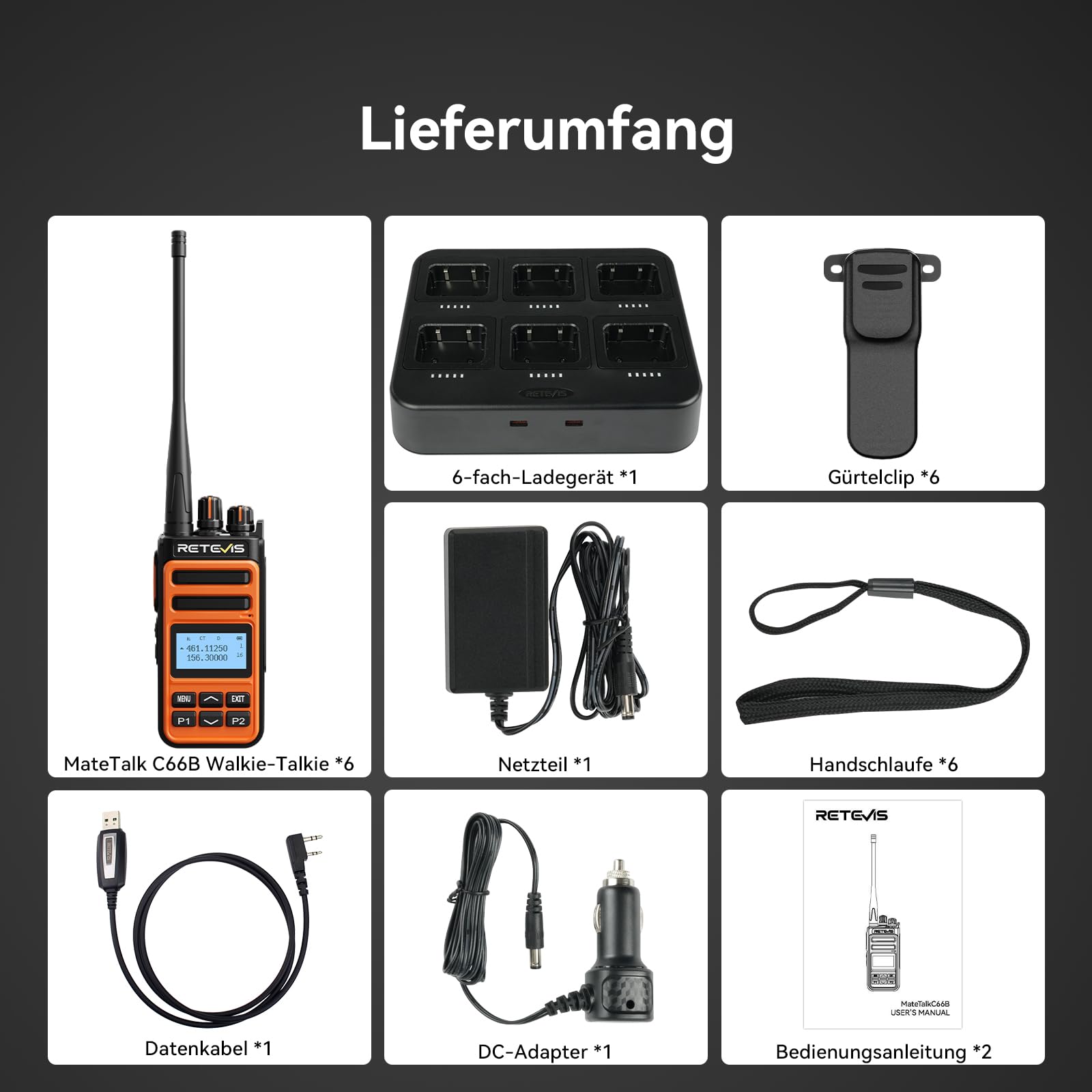 Retevis C66B Funkgerät Professionell, Walkie Talkie mit Großer Reichweite | Langstreckenfunkgeräte, Schnellladefunktion, Kabelloses Kopieren, für Restaurants, Hotels, Sicherheit (Orange, 6er Pack)