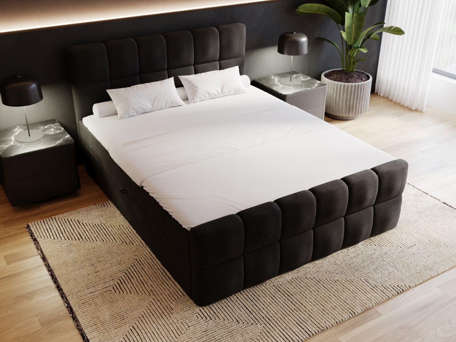 GRAINGOLD Alicante Bett, Boxspringbett mit Bettkasten, Polsterbett mit Bonell-Matratze, Velvet-Stoff, mit Topper, mit Kopfteil (Schwarz, 200x200)