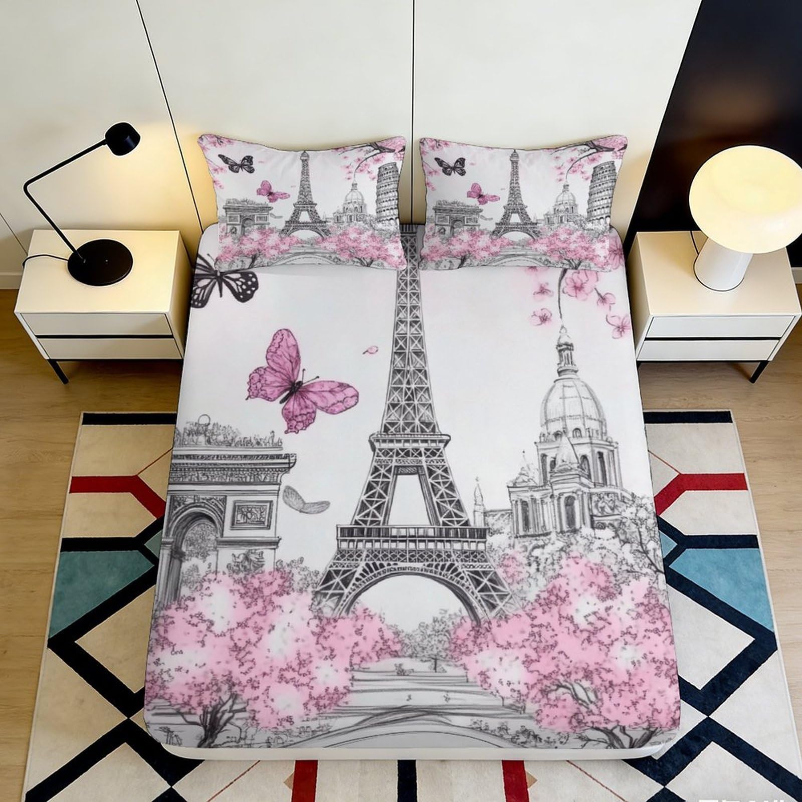 Pnayamiorkfel Style-9 3D Printed Paris Eiffel Tower Fitted Sheet Microfiber Pink Butterfly Bed Cover For Bedroom Guestroom Easy Care 90X200x25cm
