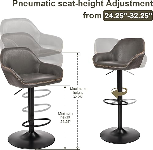 Miniatura 66 de Glitzhome Mid Century - Juego de 2 taburetes de bar ajustables de cuero giratorio vintage con respaldo y reposapiés, taburetes de bar modernos de