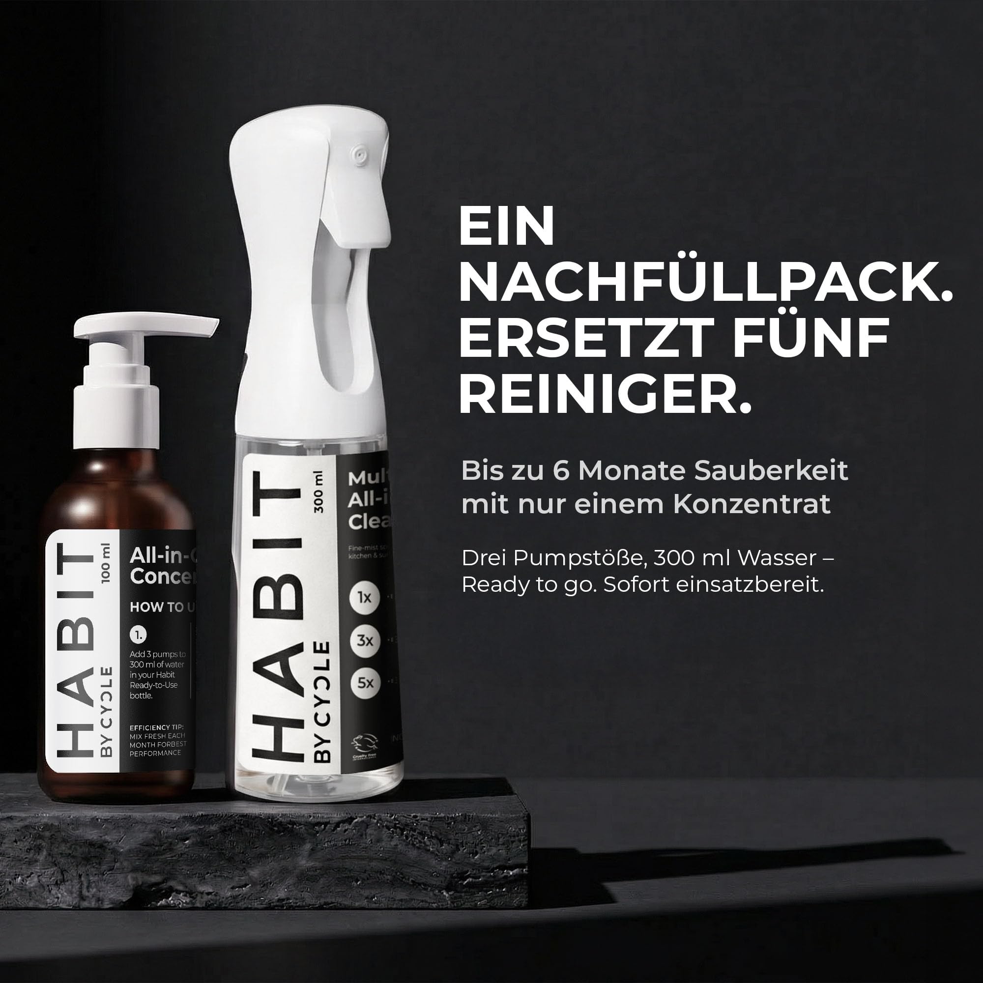 Cycle HABIT All-in-One Reinigungsmittel Konzentrat 100 ml – Wiederverwendbarer Sprüher 300 ml – Allzweckreiniger, Universalreiniger & Bodenreiniger – Umweltfreundlich Bad, Küche & Glas – Geruchslos