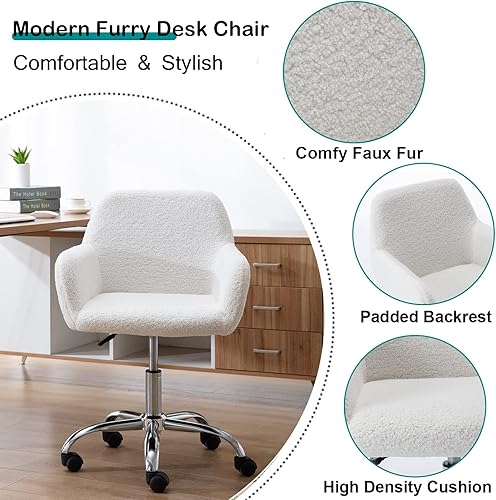 Miniatura 6 de SSLine Silla de tocador de piel sintética, elegante silla de escritorio de maquillaje peludo blanco para niñas y mujeres, silla moderna y cómoda con