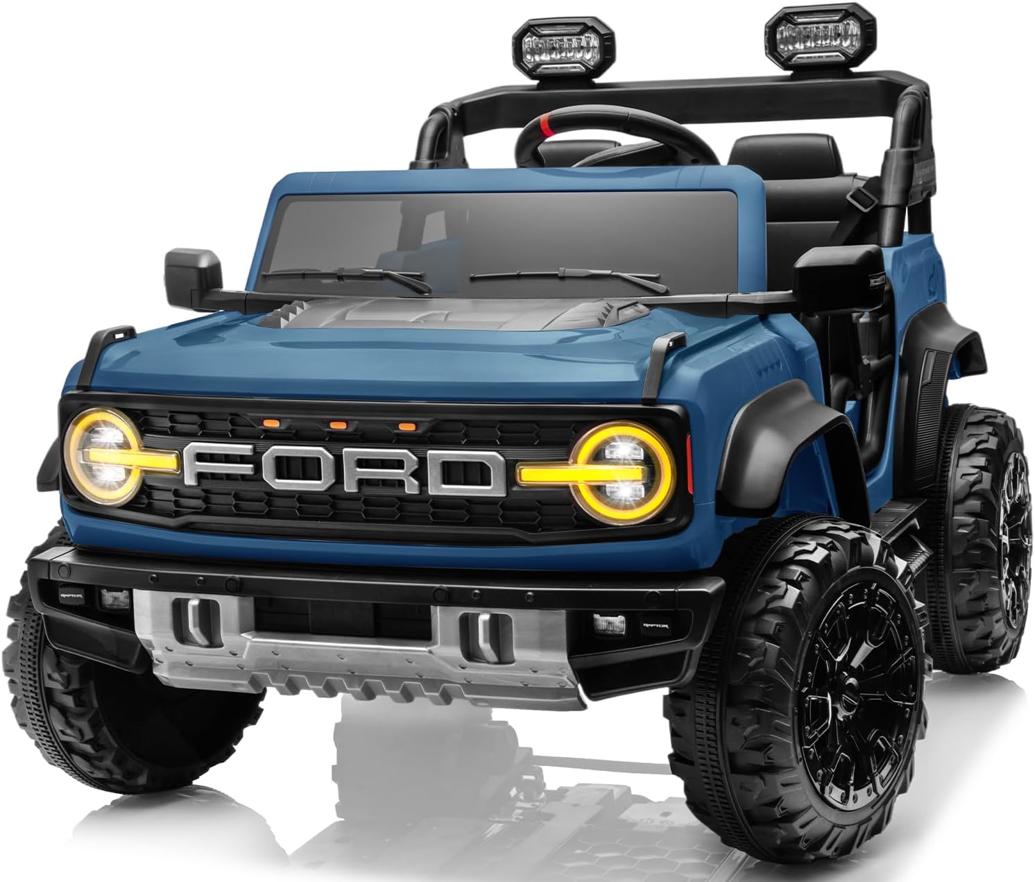 2 Seater 24V Ride on Toys for Big Kids, Licensed Ford Bronco Raptor, Powerful Wheel with Remote Control, Headlight/Music Player/Suspension Function, Durable Tires (Blue)