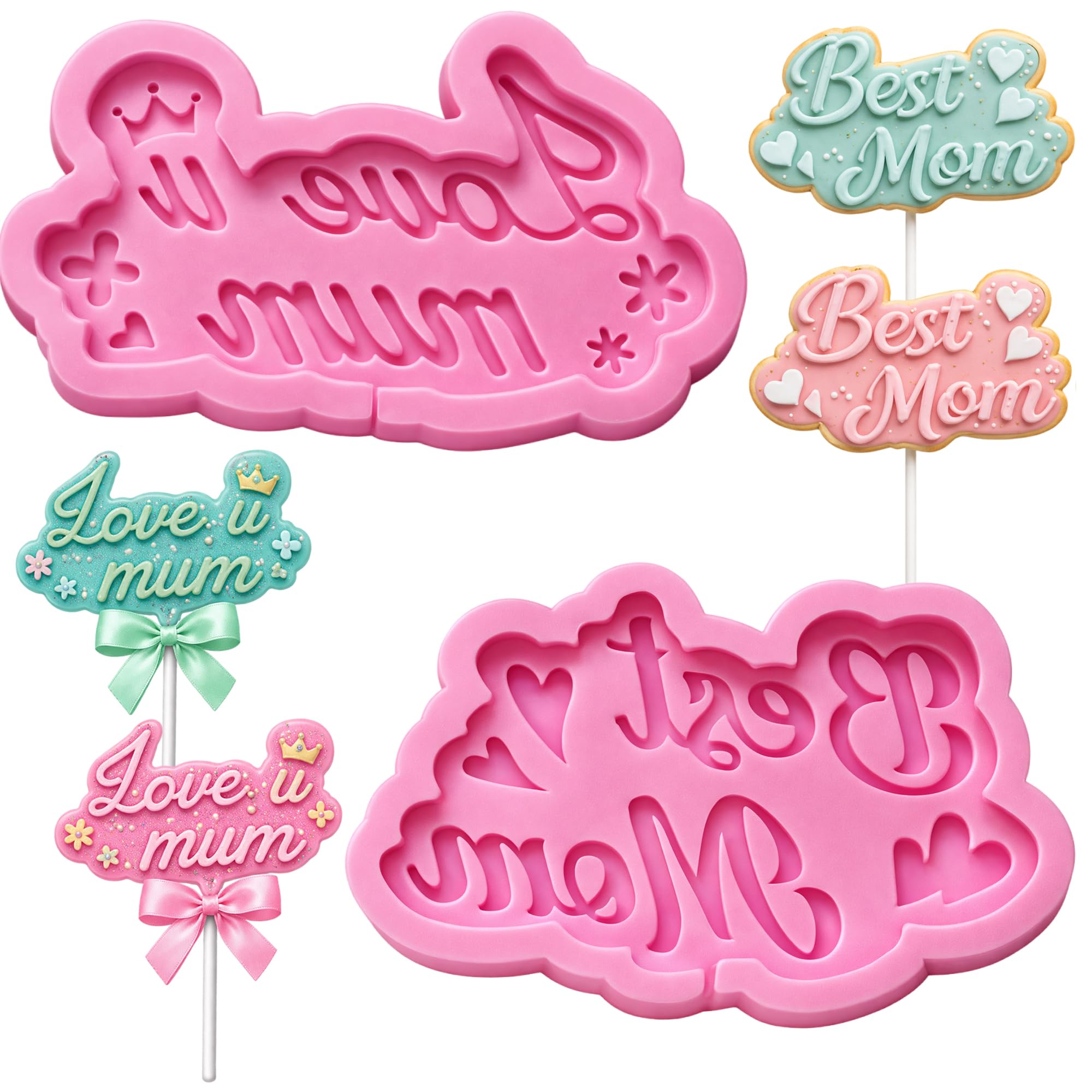 2 moldes de silicona para fondant para el día de la madre, molde de silicona rosa con texto en inglés "Love Mom", molde de chocolate, molde de silicona para hornear pasteles, arcilla polimérica, para