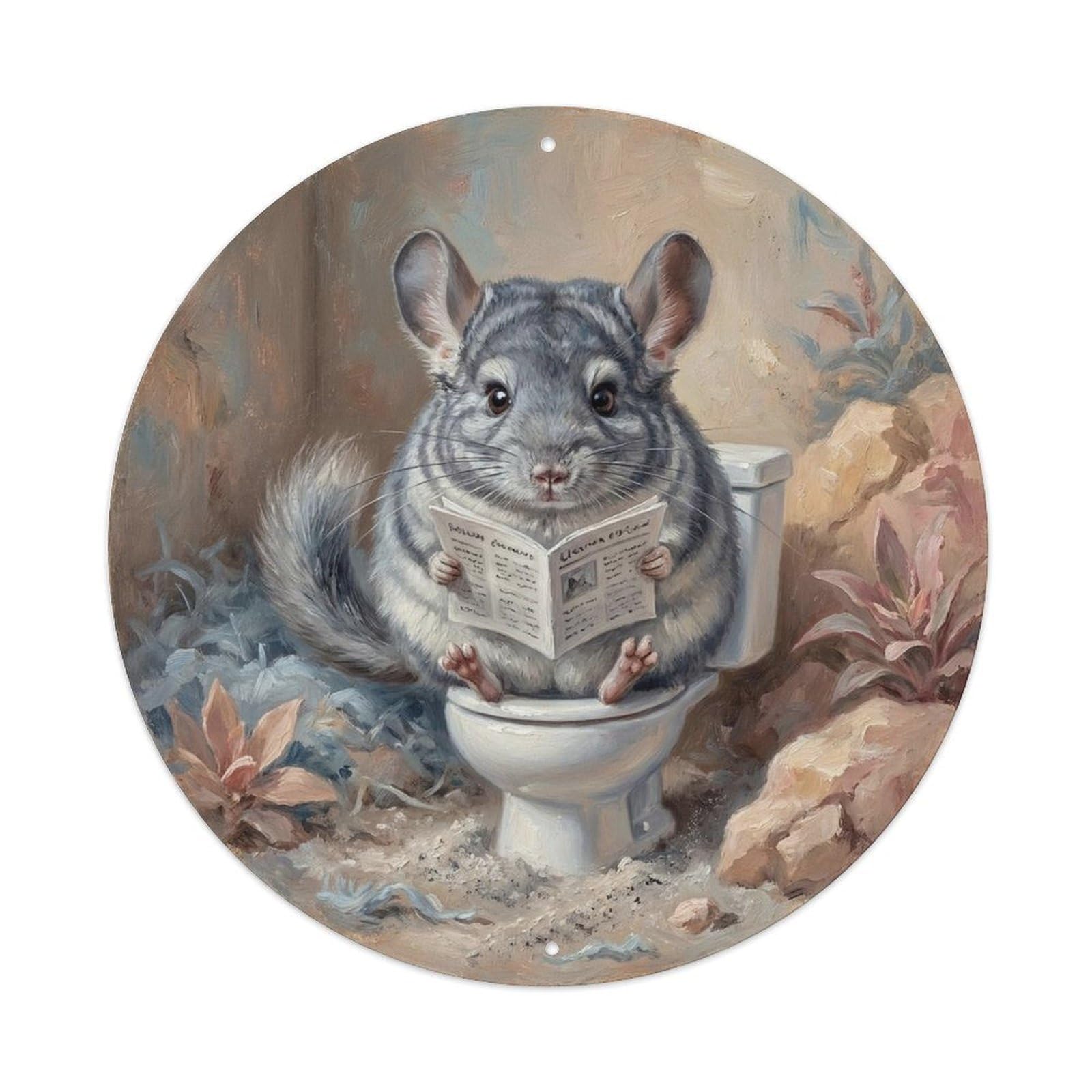 Chinchilla On Toilet Humorous Bathroom Dust Bath Corner Metal Tin Sign