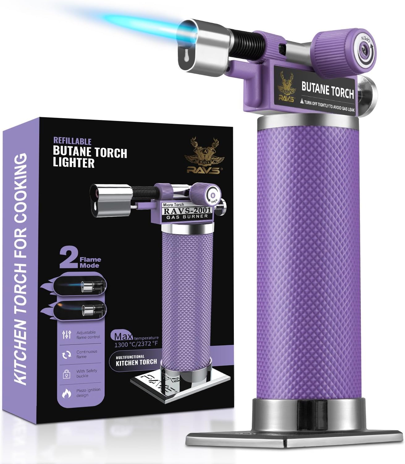 RAVS Butane Torch, 2 Flame Mode Soldering Torches, Kitchen Torch with Adjustable Flame, Industrial Soldering Torches for DIY, Brazing, Welding, Resin Art, Purple Mini Torch, Butane not Include