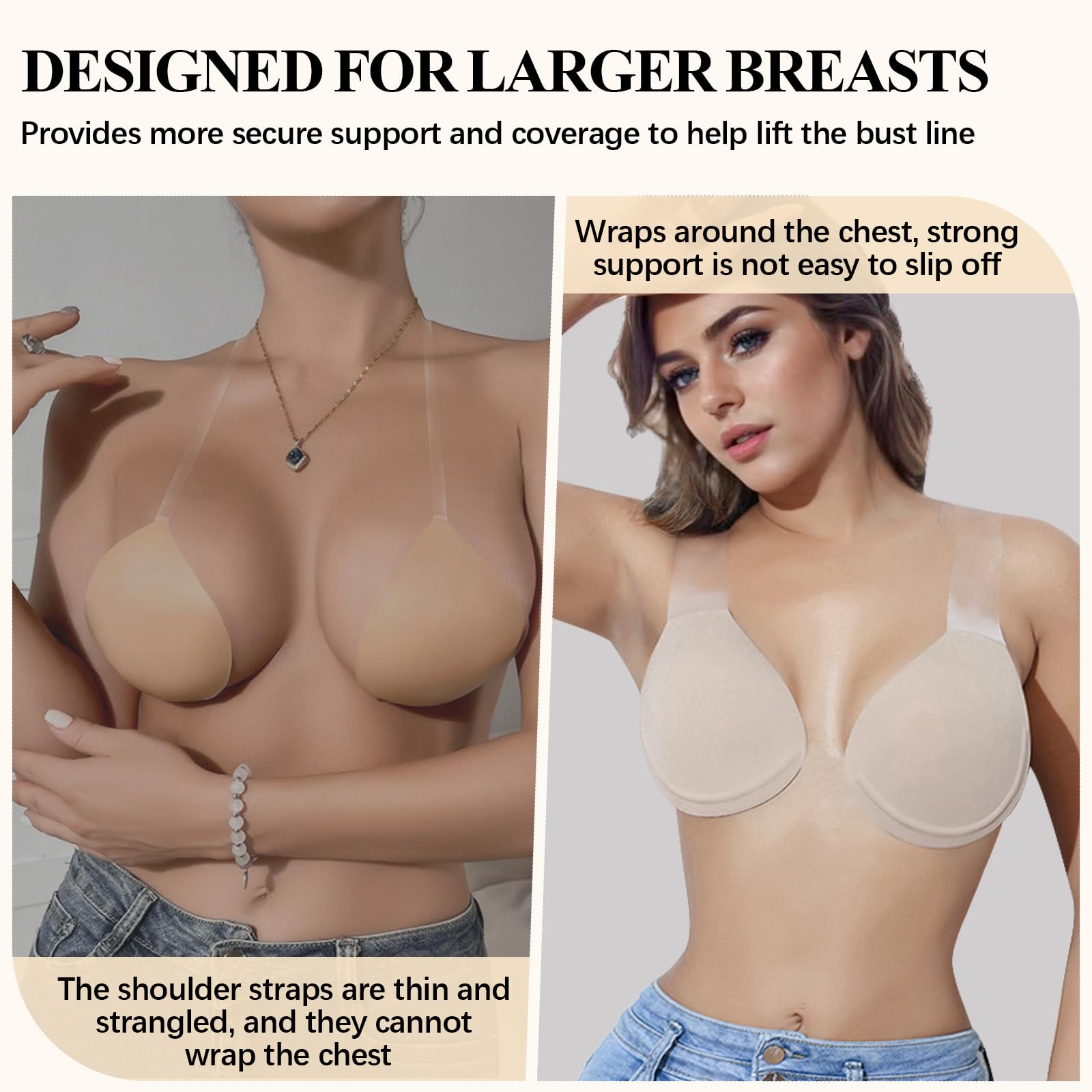 Soutien-gorge push-up collant pour gros seins - Invisilift Plus Size Soutien-gorge en silicone adhésif dos nu, beige, C