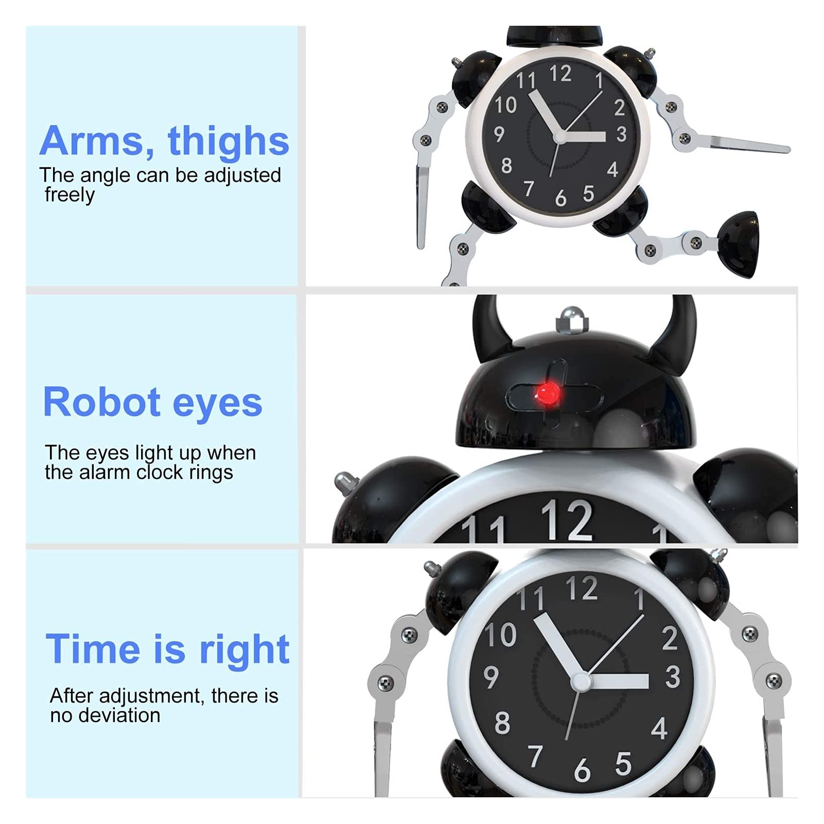 Budzik dla dzieci, robot budzik dzieci analogowy budzik bez tyknięcia cichego budzika dla chłopców dziewcząt, najlepszy prezent (niebieski) (Color : Black)