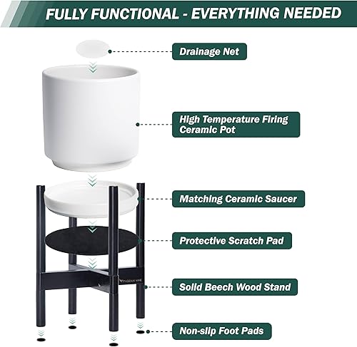 Miniatura 5 de D'vine Dev Maceta de cerámica con soporte de ébano, maceta redonda moderna de 8 pulgadas con soporte para maceta de madera, color blanco, 55-B-M-1