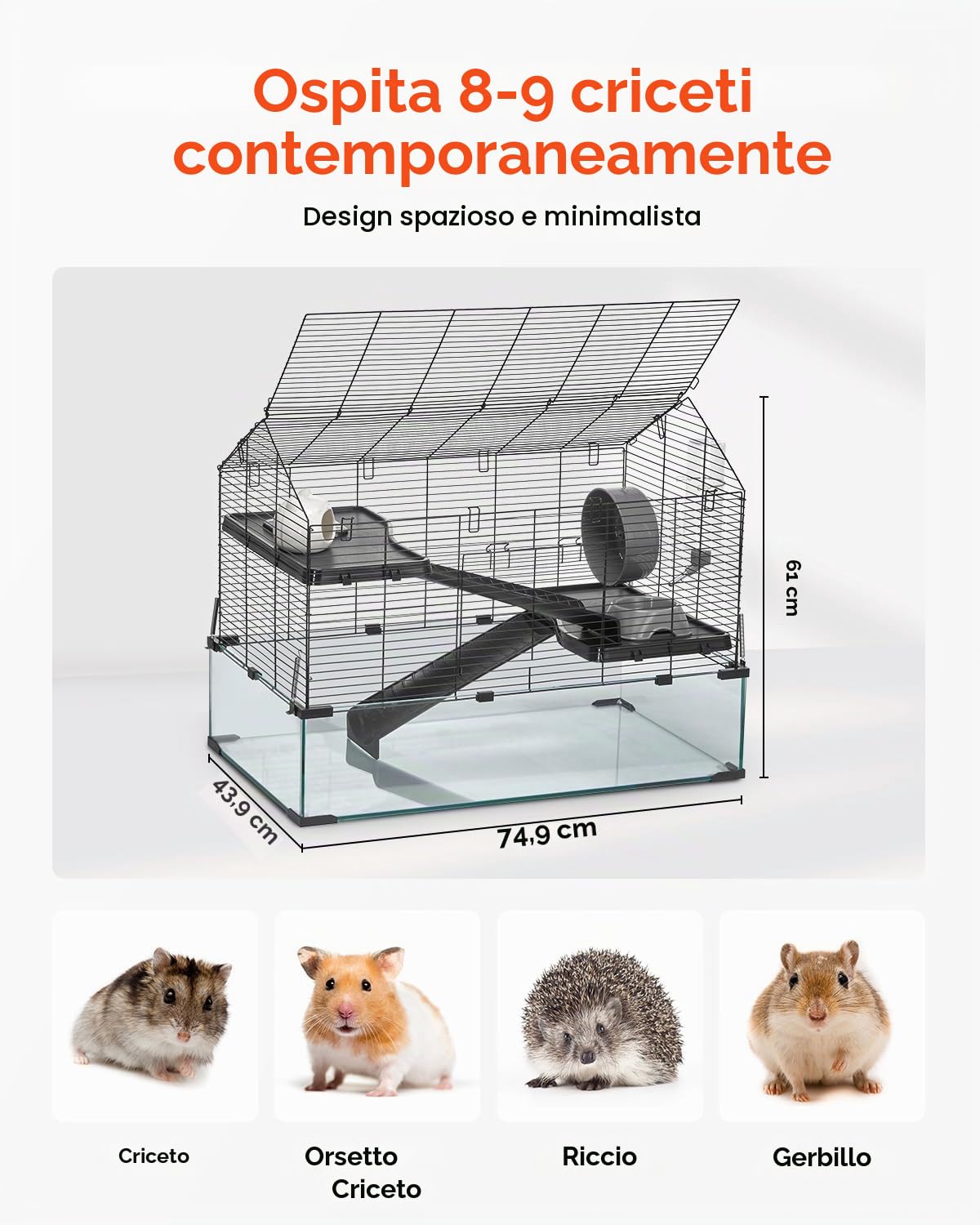 VEVOR Gabbia per Criceti, Habitat per Criceti Trasparenti con Visione a 360°, Gabbia per Piccoli Animali Domestici 29,5 x 17,3 x 24 Pollici con Bottiglia d'Acqua, Casa Portatile per Piccoli Animali