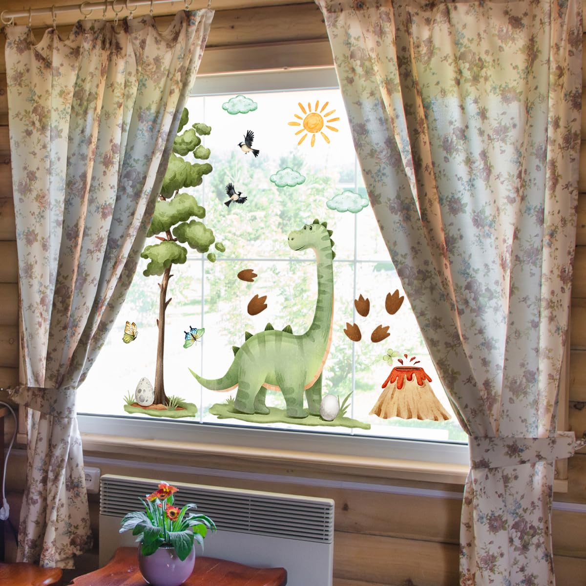 WandSticker4U - Fensterbilder DINOSAURIER Kinder selbstklebend (80x70 cm) I Fenstersticker Kinder Dino mit Baum, Volkan & Sonne wiederverwendbar I Fensterdeko Kinderzimmer Junge Dino Frühling