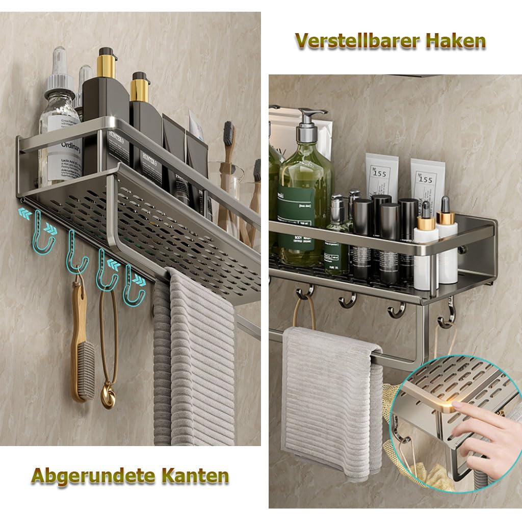 Estante de Ducha sin Taladro, Organizador de baño con Ganchos y toallero, Estante de Pared para Ducha con Drenaje para Ducha, Cocina y baño de Invitados,1etage,60cm