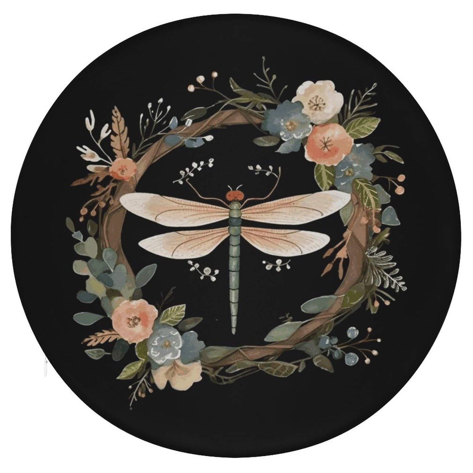 JTREHY Image of Dragonfly in Wreath Cushion Soft Breathable Round Cushions Multi-Functional with Zipper Floor Pillows Cushion for Various Indoor Occasions Chair Pad