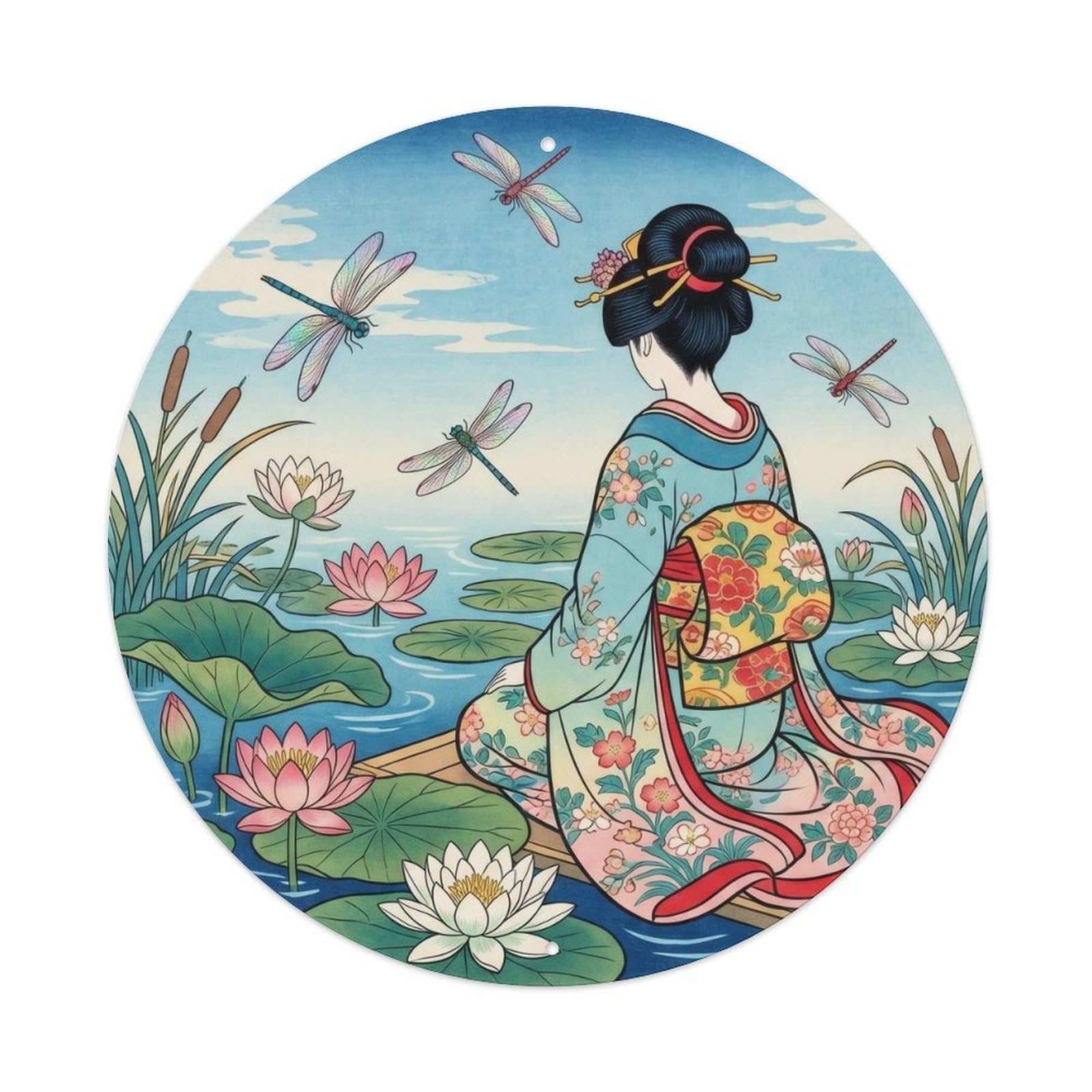 Galvaxio Style Japanese Kimono Woman Watching Dragonflies Summer Scene Metal Tin Sign