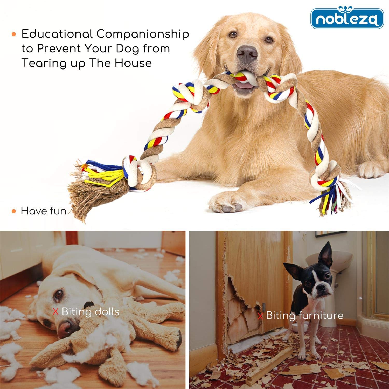 Nobleza - Corda giocattolo per cani in 100% cotone, benefica per la salute mentale del cane ， Salute dentale e pulizia dei denti ， Miglior regalo per tutti i tipi di cani （Beige e marrone）- 68cm