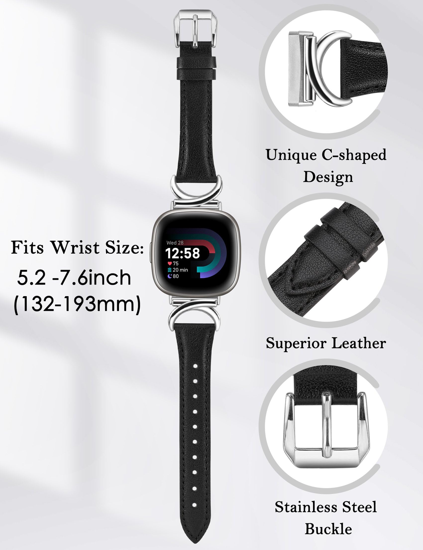 TOYOUTHS Leather Strap Compatible with Fitbit Versa 4/Versa 3/Sense 2 Women Slim Thin Dressy Elegant Premium Leather Strap with C-Shaped Metal Buckle for Versa 4 - Image 3