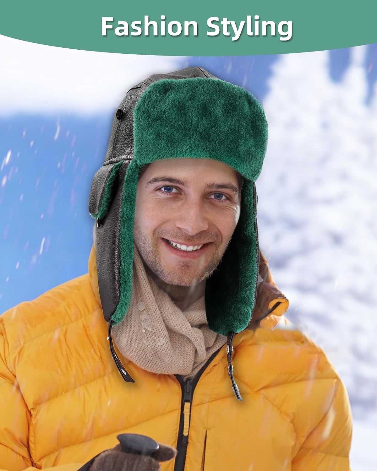 Cousin Trapper Hat - Green Eddie Winter Hat from Christmas Vacation for Halloween Christmas Costume, Faux Fur Hat with Ear Flap for Men Women, Green Faux Fur Brown Leather