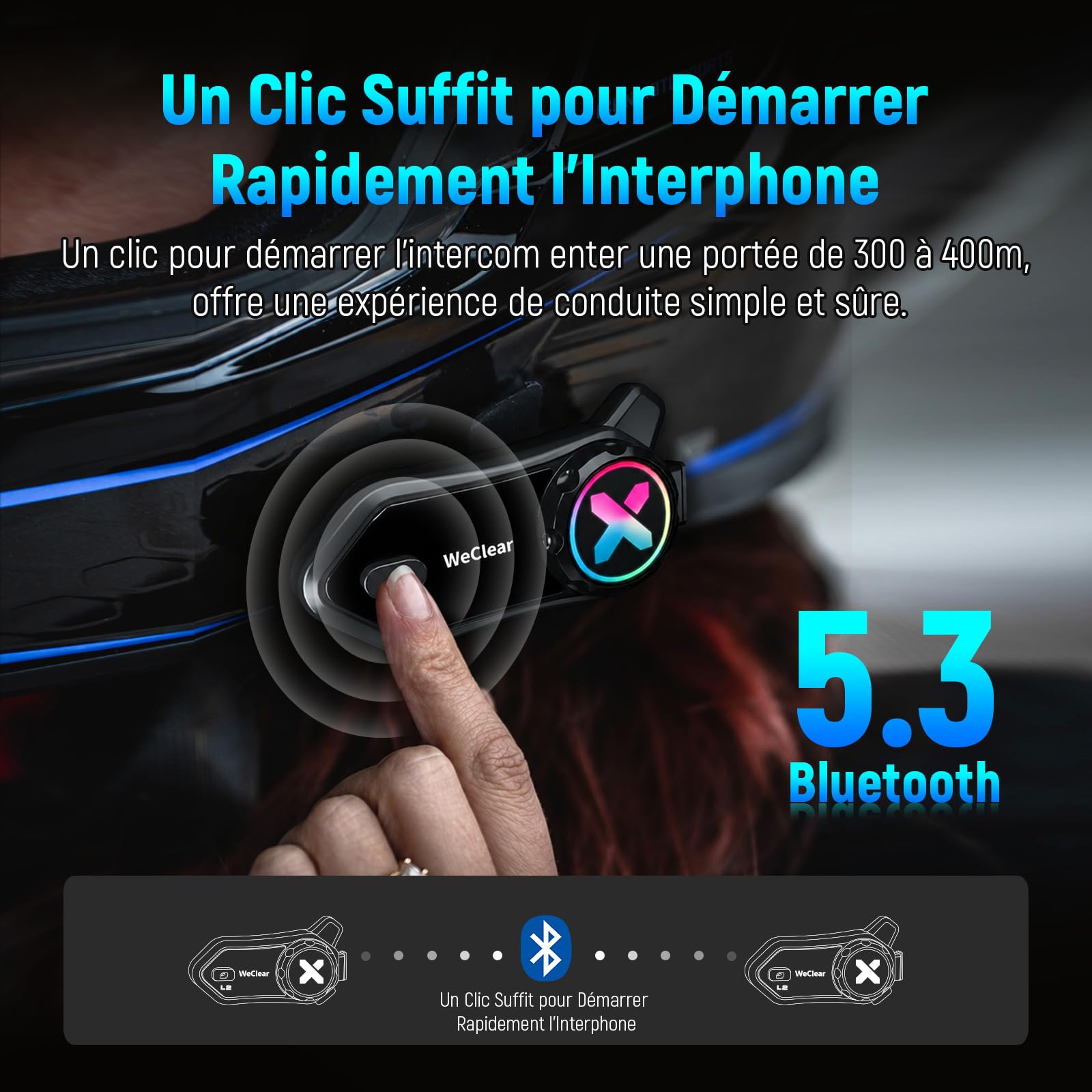 L2 Intercom Moto Bluetooth de 2 Voies, Multitâche Audio/Lumière RGB