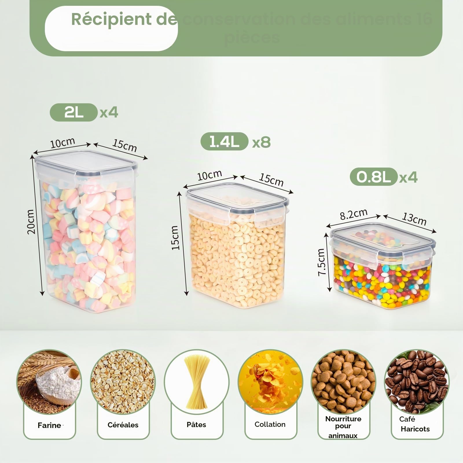 Cozary Boîtes de Rangement Alimentaire Hermétiques avec Couvercle – Lot de 16 Contenants Sans BPA pour la Conservation de Céréales, Farine et Aliments – Organizer Cuisine pour Placard et Tiroir