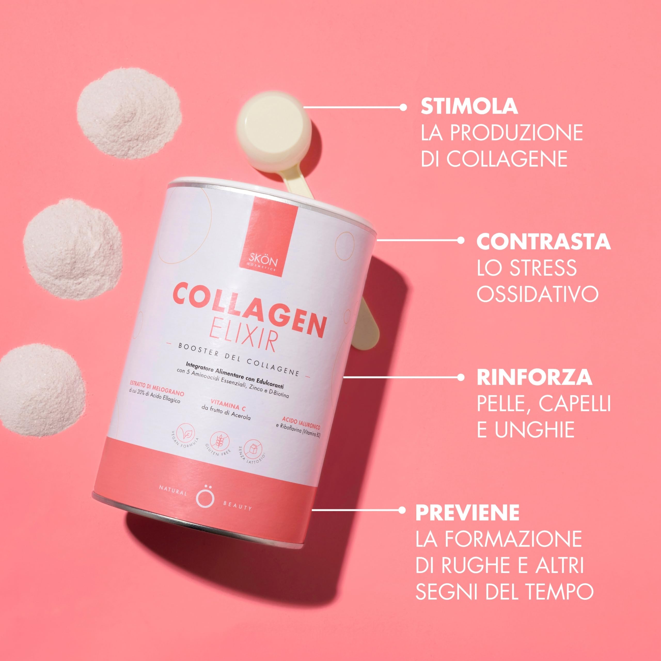 Skön Collagen Elixir - Integratore Collagene e Acido Ialuronico in Polvere con Vitamina C Biotina Niacina, Supporta la Produzione di Collagene - Integratore Capelli Unghie Pelle, 240gx2, Made in Italy