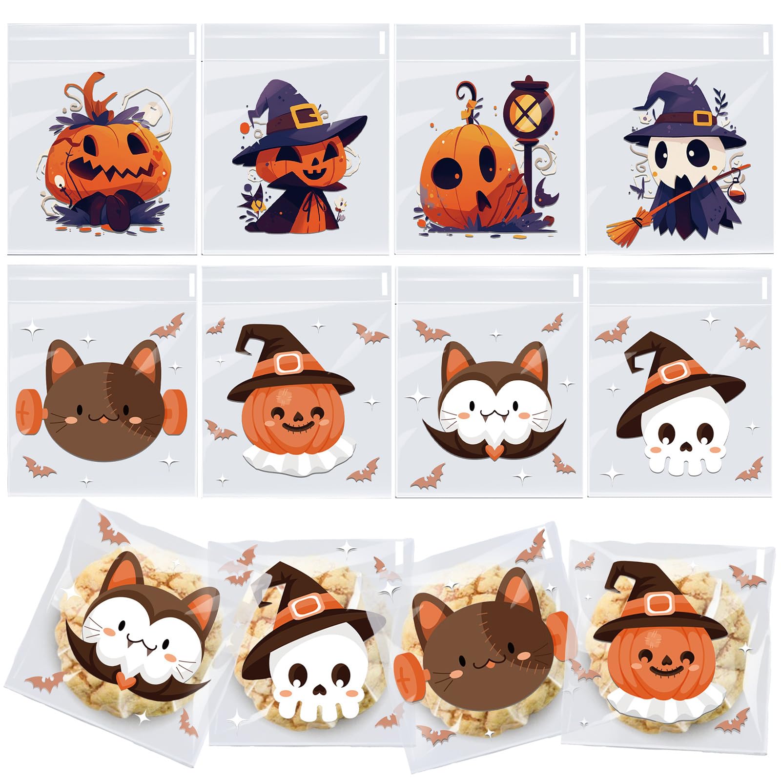 MORAINJAY 200 Pieces Halloween Candy Bags, Self Adhesive Clear Cookie Bags for Sweets, Biscuits, Treats, Party Favors and Goodie Supplies