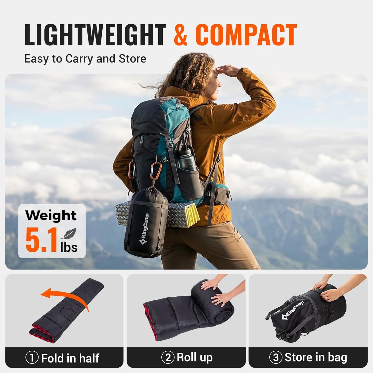 KingCamp Sleeping Bag for Adults, Cold Weather & Warm XL Big and Tall Flannel Sleeping Bags with Compression Sack Portable Waterproof Essentials Gear Accessories for Outdoor Camping