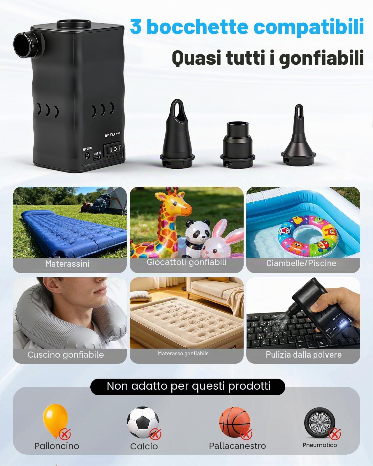 Zacro Pompa ad aria elettrica USB e DC, carica elettrica, pompa elettrica da 6000 mAh, batteria integrata con 3 ugelli per materasso gonfiabile, cuscino, letto, barca e salvagente