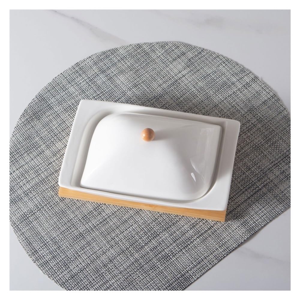 recipiente para mantequilla, Mantequillera de cerámica rectangular con tapa y base madera