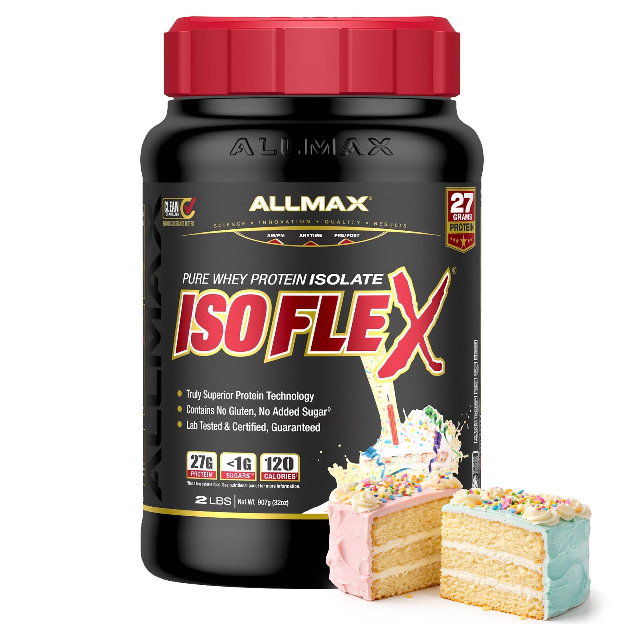 ALLMAX ISOFLEX Pure Whey Isolate Protein Powder - Gluten Free, Low Lactose, Sugar-Free - High-Protein, Clean, Keto-Friendly for Pre Post Workout Supplement for Women and Men | Birthday Cake, 2lb