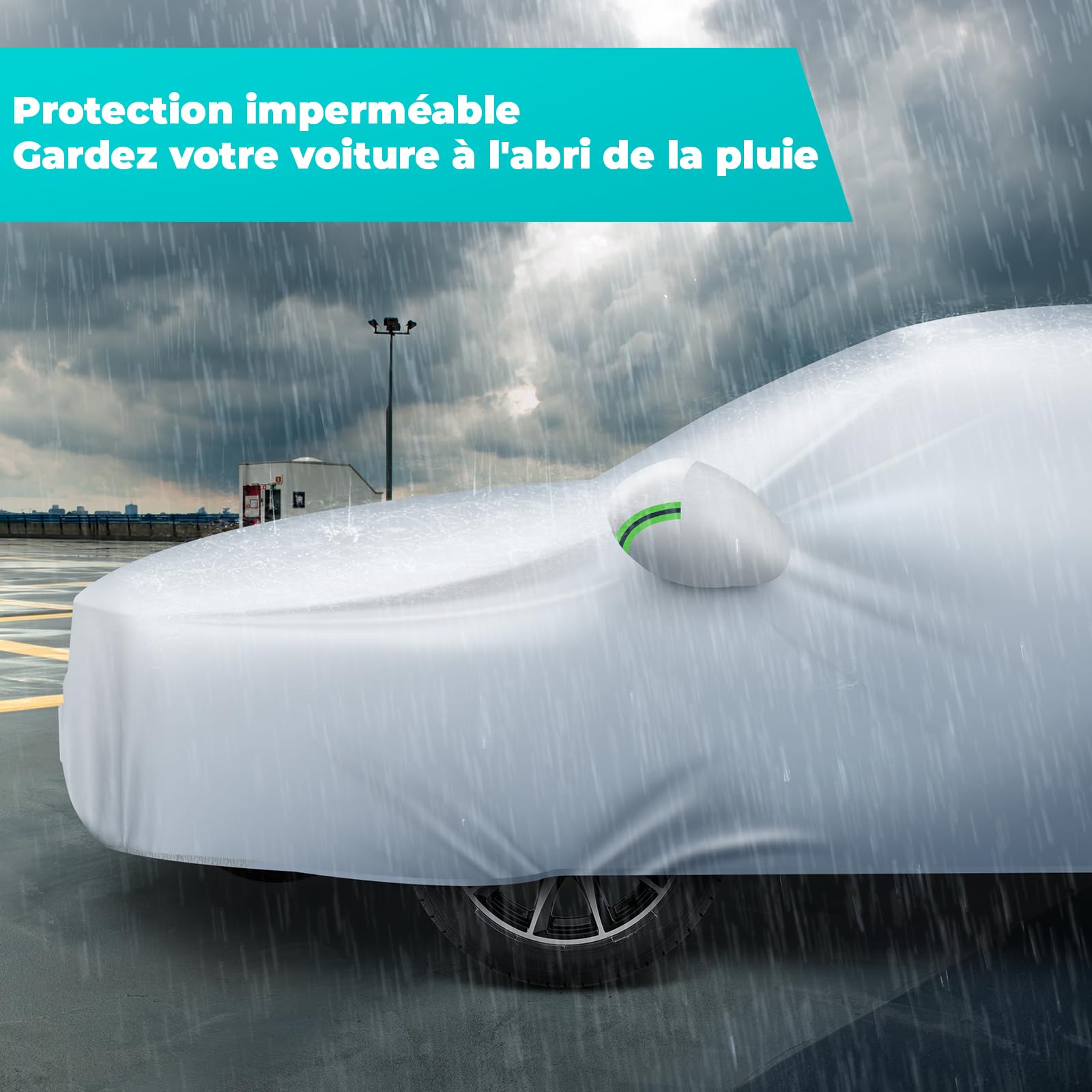 Bâche Voiture Extérieur Imperméable Anti-UV, Anti-Vent et Anti-poussière avec Fermeture Éclair Latérale, Housse pour Voiture 450 x 190 x 160 cm Argent (Compact SUV)