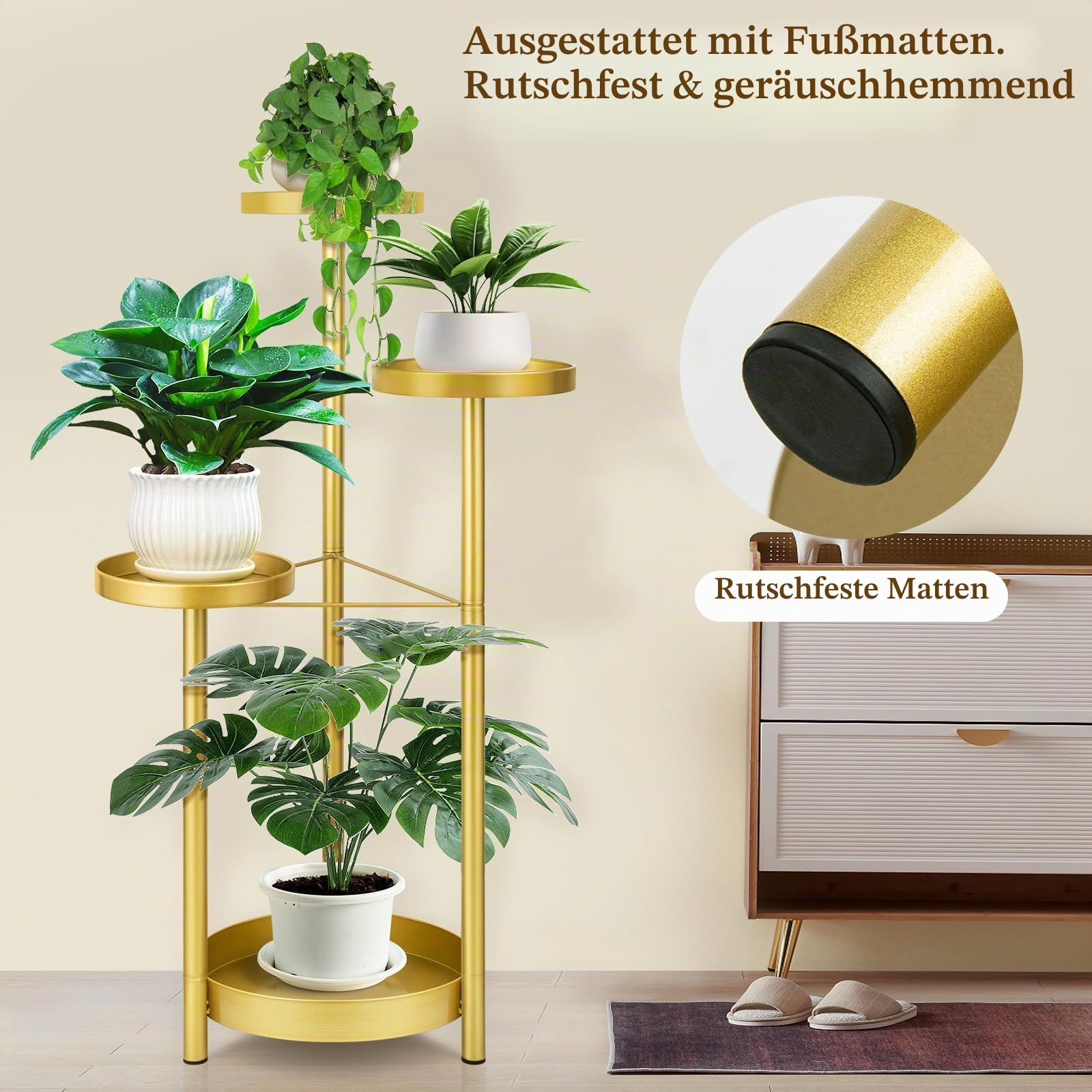 MATEPROX Metall Pflanzenständer für Innen und Außen 4 stufiges, faltbares Regal mit Goldenen Blumentopfhaltern Eck Pflanzregal für Wohnzimmer, Schlafzimmer, Büro und Garten-Gold