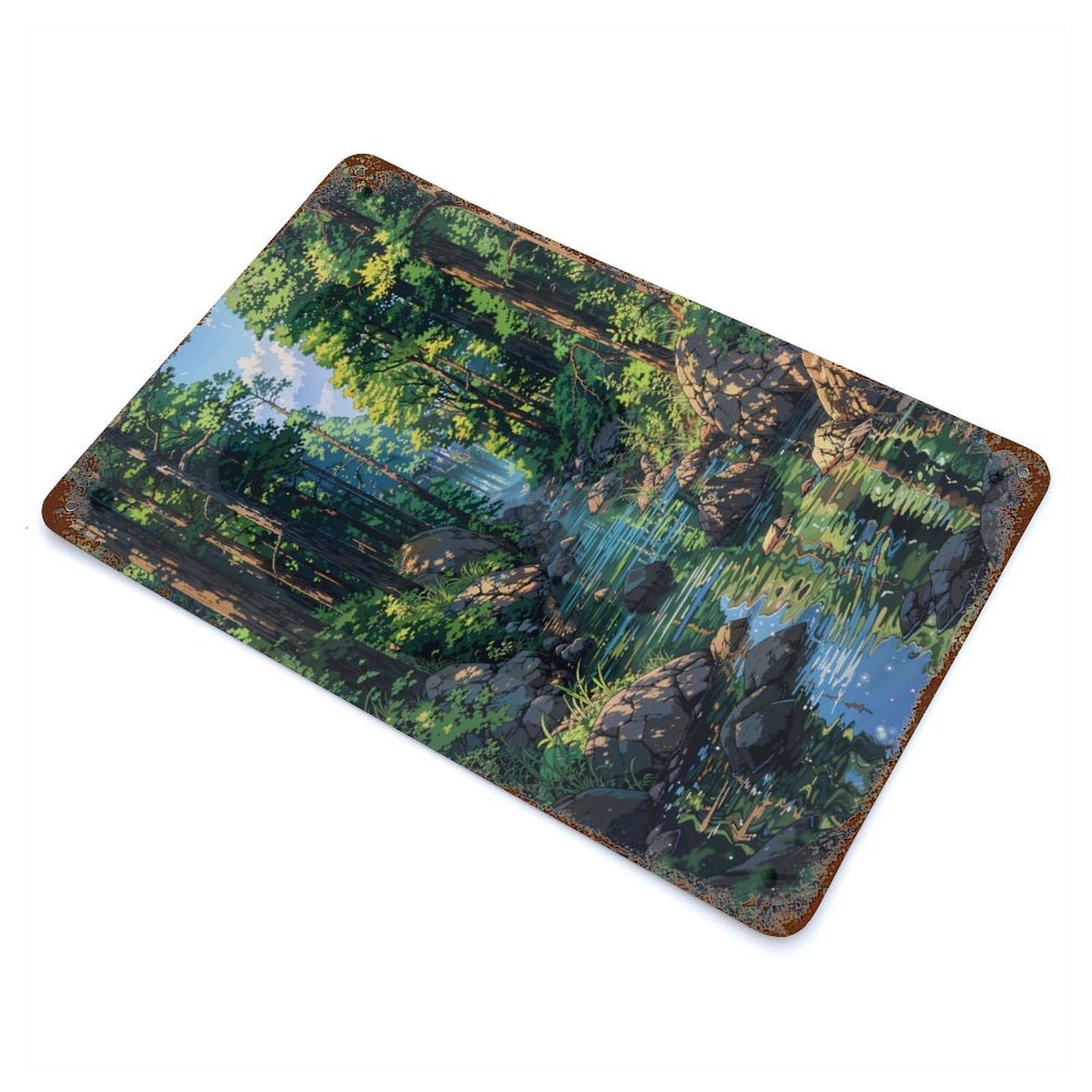 Anime River Forest Fantasy 11.8"x7.9" Aged Metal Wall Plaque, Retro Wall Decor for Farmhouse, Kitchen And Entryway Decor