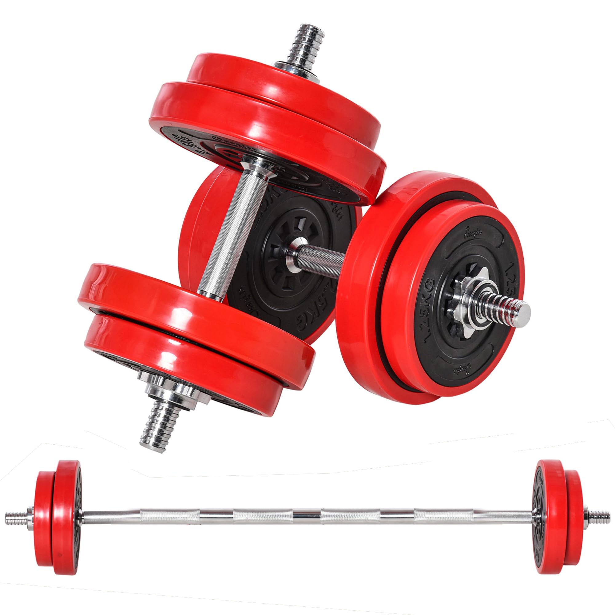 HOMCOM Set di Manubri Pesi 2 in 1 da 20/30kg, Dischi con Rivestimento in Plastica Antigraffio, Rosso e Nero