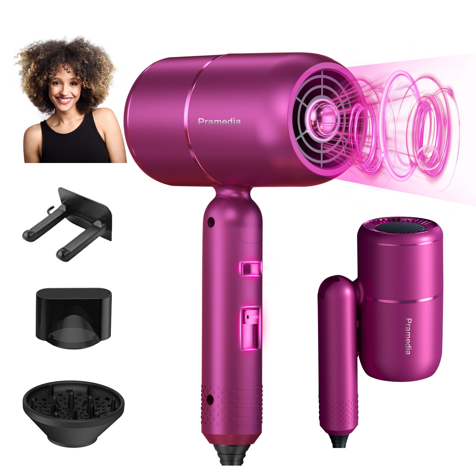 1800W Professional Hair Dryer - Foldable Frizz-Free Negative Ion Technology Fast Drying for Curly Straight Hair w Diffuser