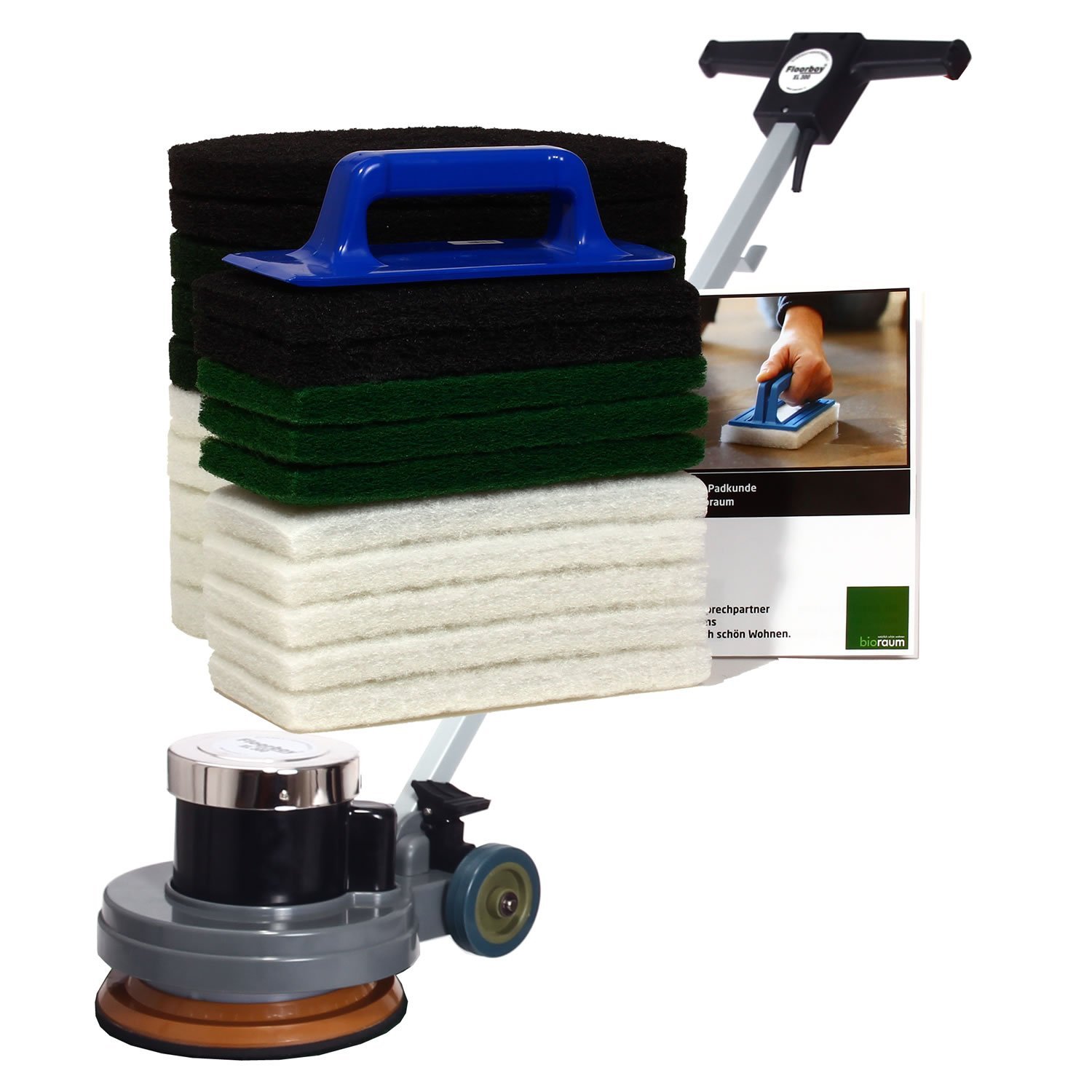 Floorboy XL 300 Universalset, Poliermaschine mit Treibteller, Superpads, einem praktischen Handpadhalter mit 10 Handpads, Anleitungen und Padkunde von Bioraum