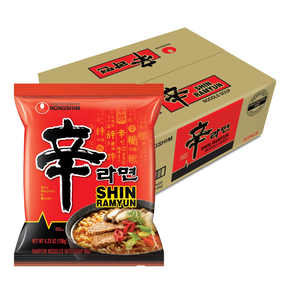 Shin Ramyun Noodles, Spicy Korean Signature Instant Ramyun, Rich Beef Flavored Broth, Microwaveable, Korean Instant Noodles, 4.23 oz (Pack of 20), Packaging May Vary.