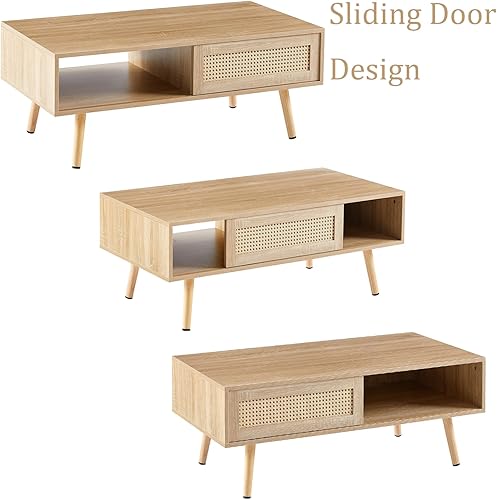 Miniatura 5 de MOCASO Mesa de centro bohemia de 41.3 pulgadas con almacenamiento de puerta corredera, mesa de centro de ratán con patas de madera maciza, mesa de