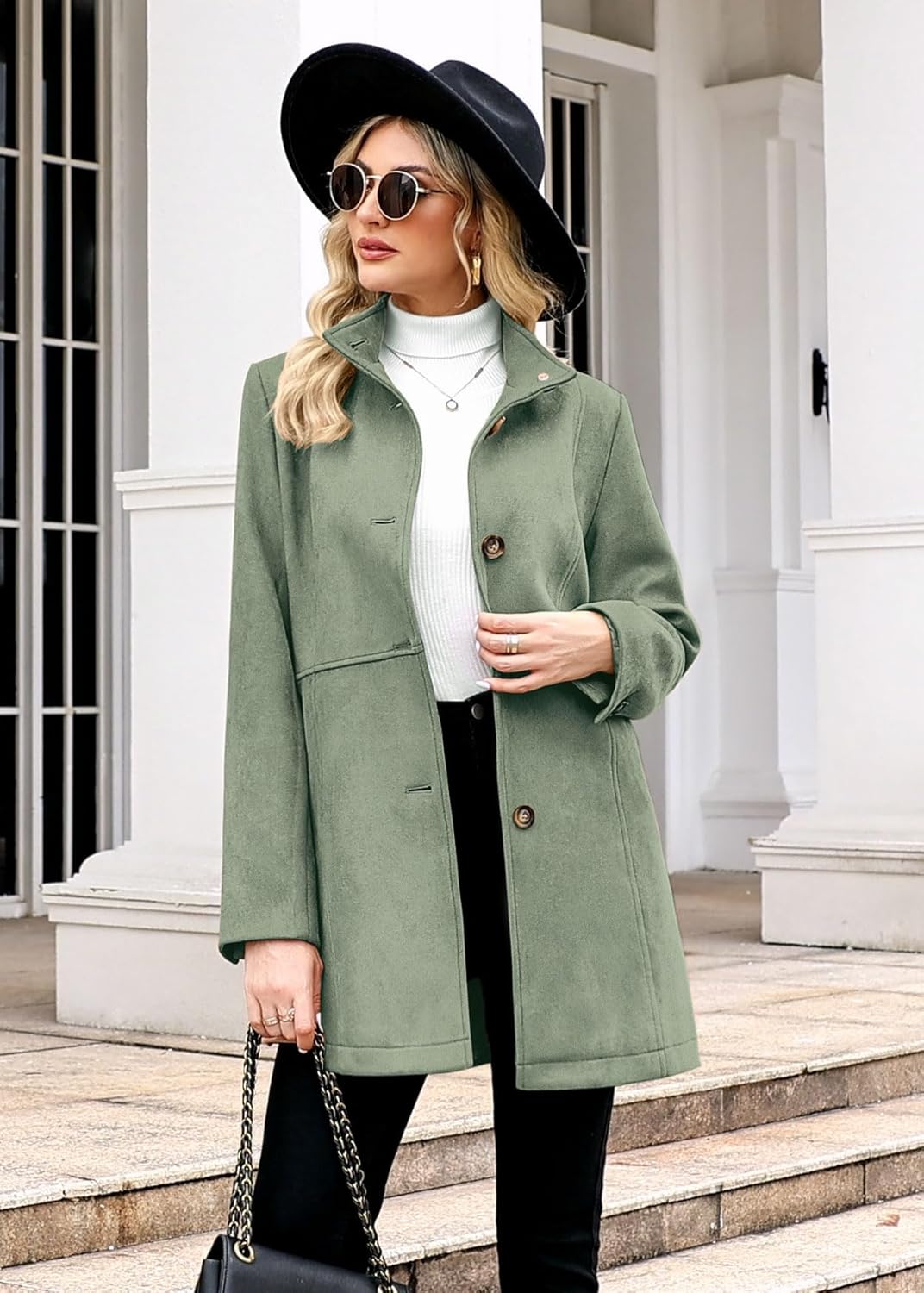 Womens Winter Suede Coat Stand Collar Single Breasted Overcoat with Pockets Mid Length Trench Coats - Image 2