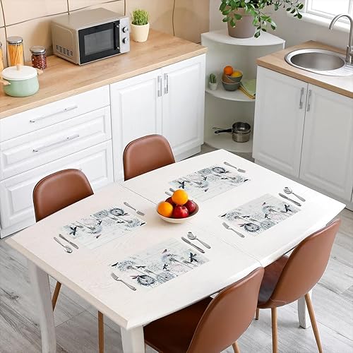 Miniatura 3 de Juego de 4 manteles individuales de madera blanca rústica de 12 x 18 pulgadas para decoración de mesa de comedor, libélula voladora para decoración