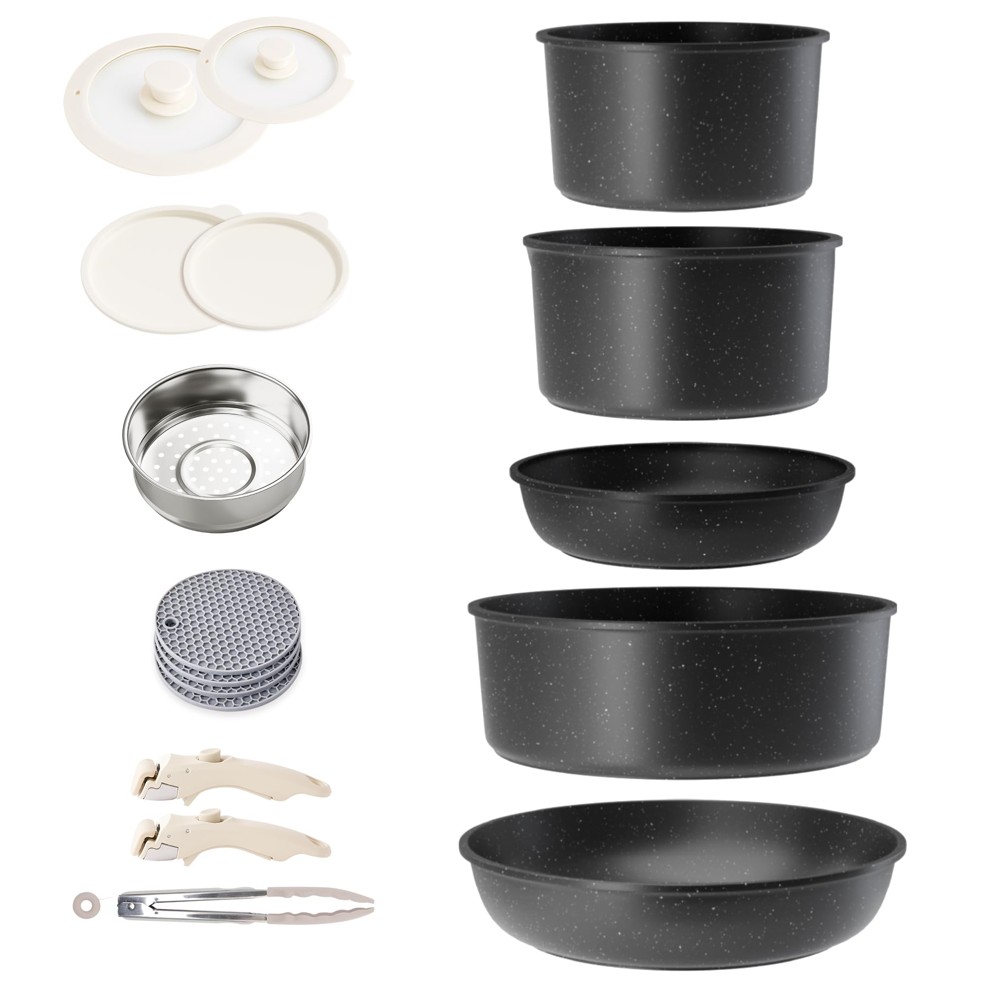 RIOVARM Induction Pots and Pans Set with Removable Handles, Non-Stick Granite Stackable Cookware Set with Silicone Lids, Space-Saving Pot & Pan Sets without PFOA, Frying Pan, Casseroles โ image 1