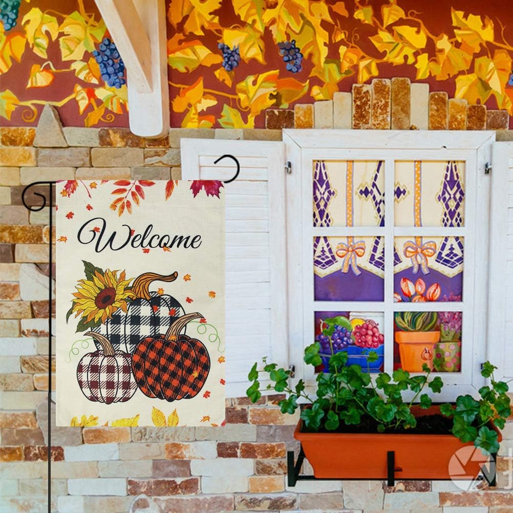 Roberly Welcome Fall Garden Flag, Autumn Buffalo Check Pumpkins Fall Flag with Fall Leaves Sunflowers Vertical Burlap Double Sided for Outdoor Rustic Farmhouse Yard Thanksgiving Decoration (12.5" x 18")