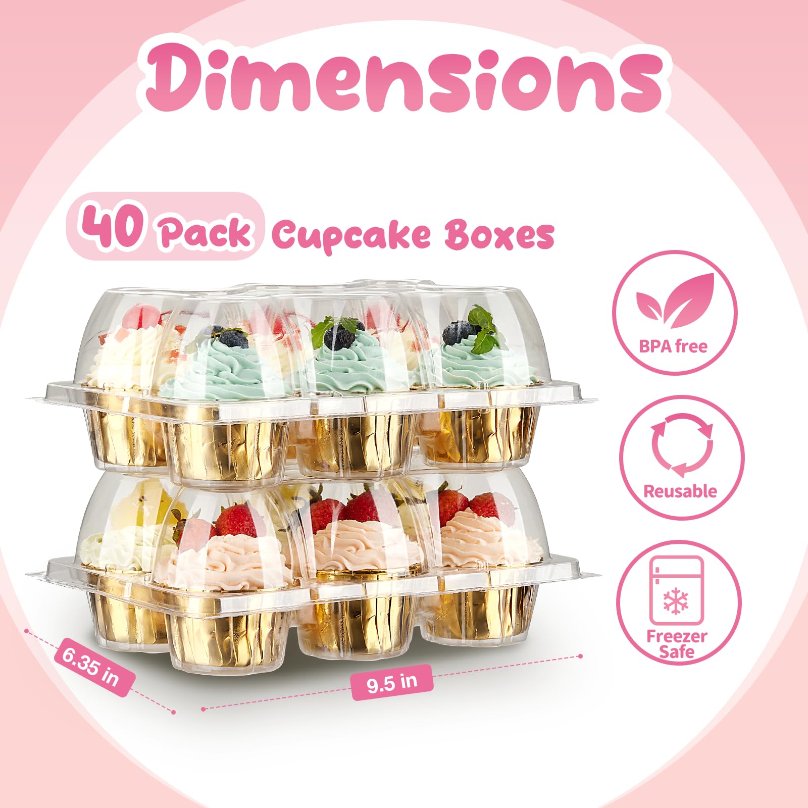 (6 Count x 40 Sets) Stackable Cupcake Containers with 240 Pack Liners, Plastic Cupcakes Boxes Holders for 6 cakes, High Tall Dome Lid Cupcakes Carrier, Clear Cupcake Trays/Containers/Holders