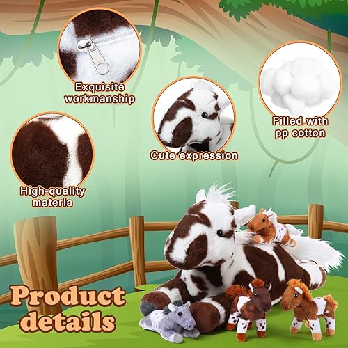 Miniatura 7 de Lenwen 5 piezas de animales de peluche de caballo de 18 pulgadas grande mamá caballo de peluche con 4 bebés en cremallera para nutrir el vientre