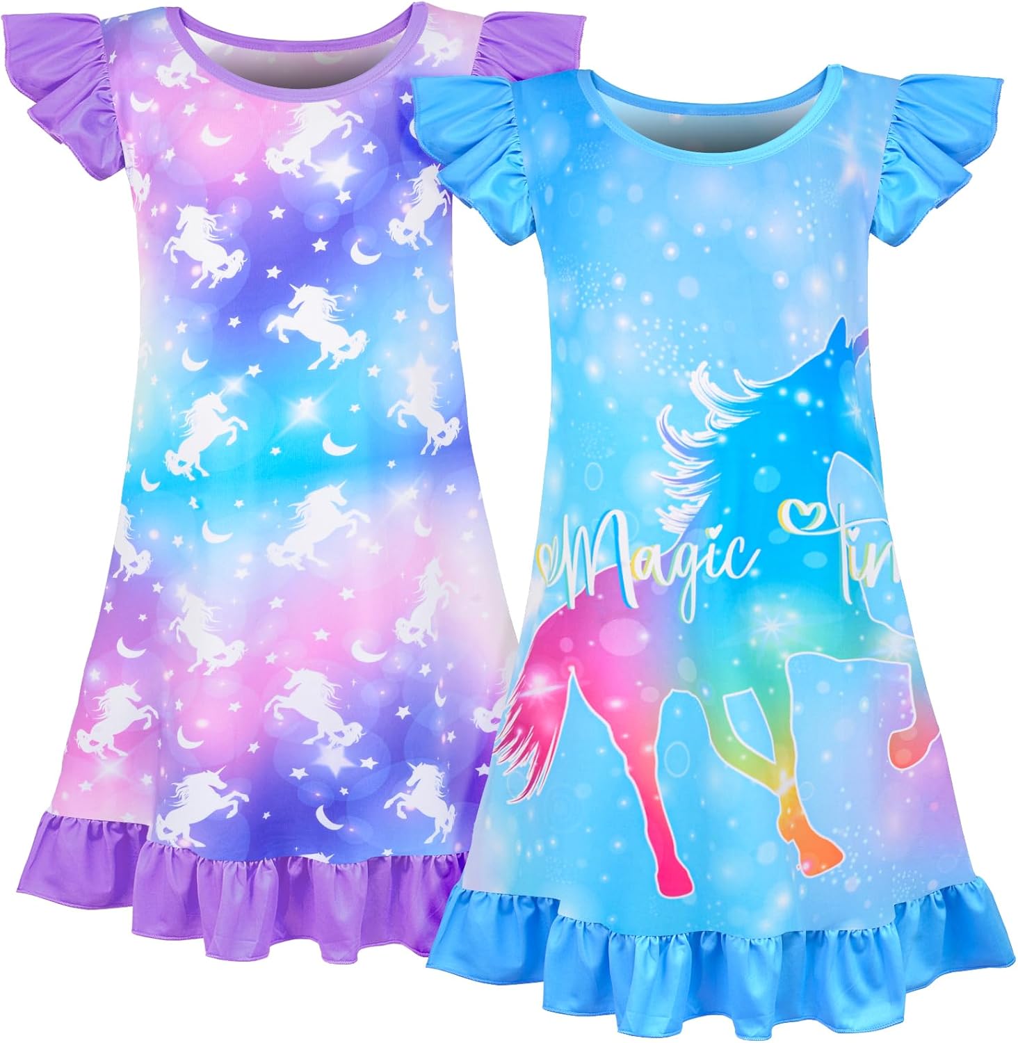 Fiodrimy 2Pcs Girls Nightgowns 3-8 Years Unicorn Sleepwear Night Sleep Dress Pajamas Little Kids Toddler Soft Nightgown