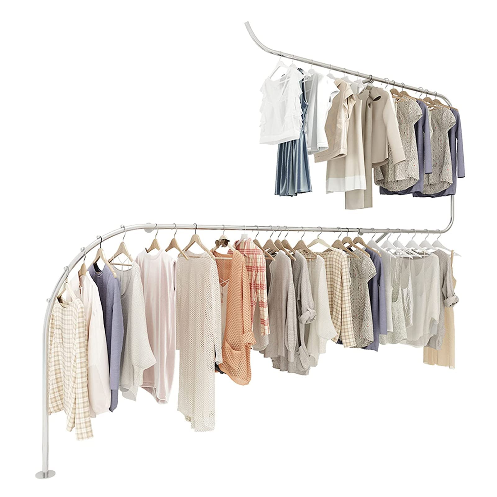 CENAP Exquisite Clothes Rail Rack Clothing Store Display Stand, Wall-Mounted Iron Metal Clothing Store Wall Mount Display Shelves, Retail Commercial Clothing Garment Rack/Silver/250cm