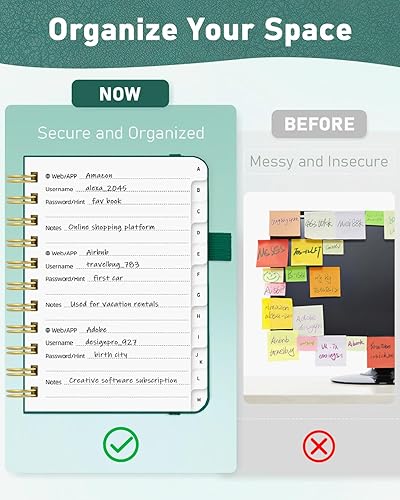 Miniatura 2 de WEMATE Libro de contraseñas en espiral con pestañas alfabéticas, pequeño libro de contraseñas para personas mayores, cuaderno de contraseñas de