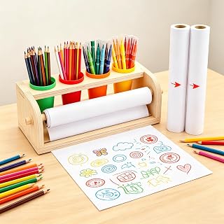 Wood Tabletop Paper Roll Dispenser, 2 Rolls Paper, 4 Pen Cups