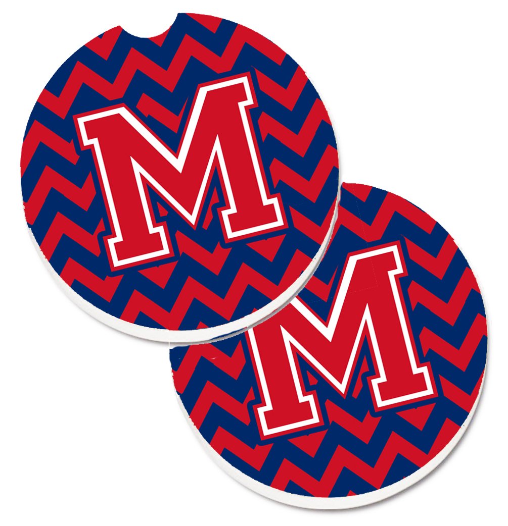 Letter M Chevron Yale Blue & Crimson Set of 2 Cup Holder Car Coaster