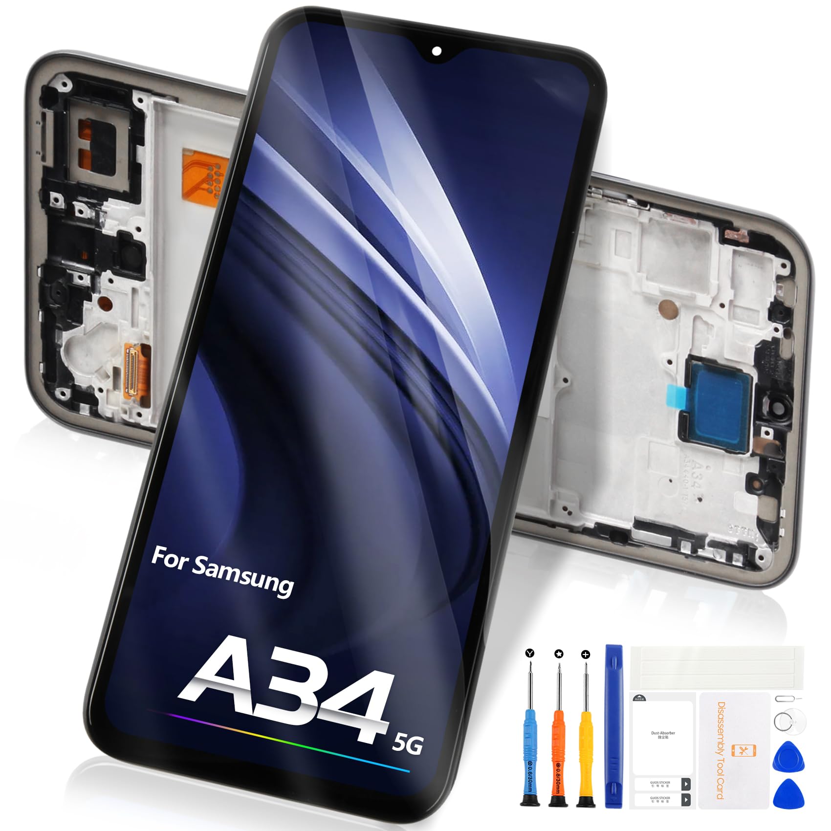 Reparo Écran Replacement pour Samsung Galaxy A34 5G LCD Display pour Galaxy A34 5G A346 LCD Écran Tactile Numériseur Verre Full Assemblé avec Kit de Réparation SM-A346B SM-A346B/DS (Noir avec Cadre)